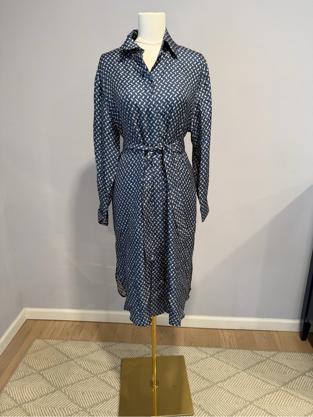 Seventy Venezia Blue & Cream Printed Belted Silk Shirt Dress Size 44 / US 8